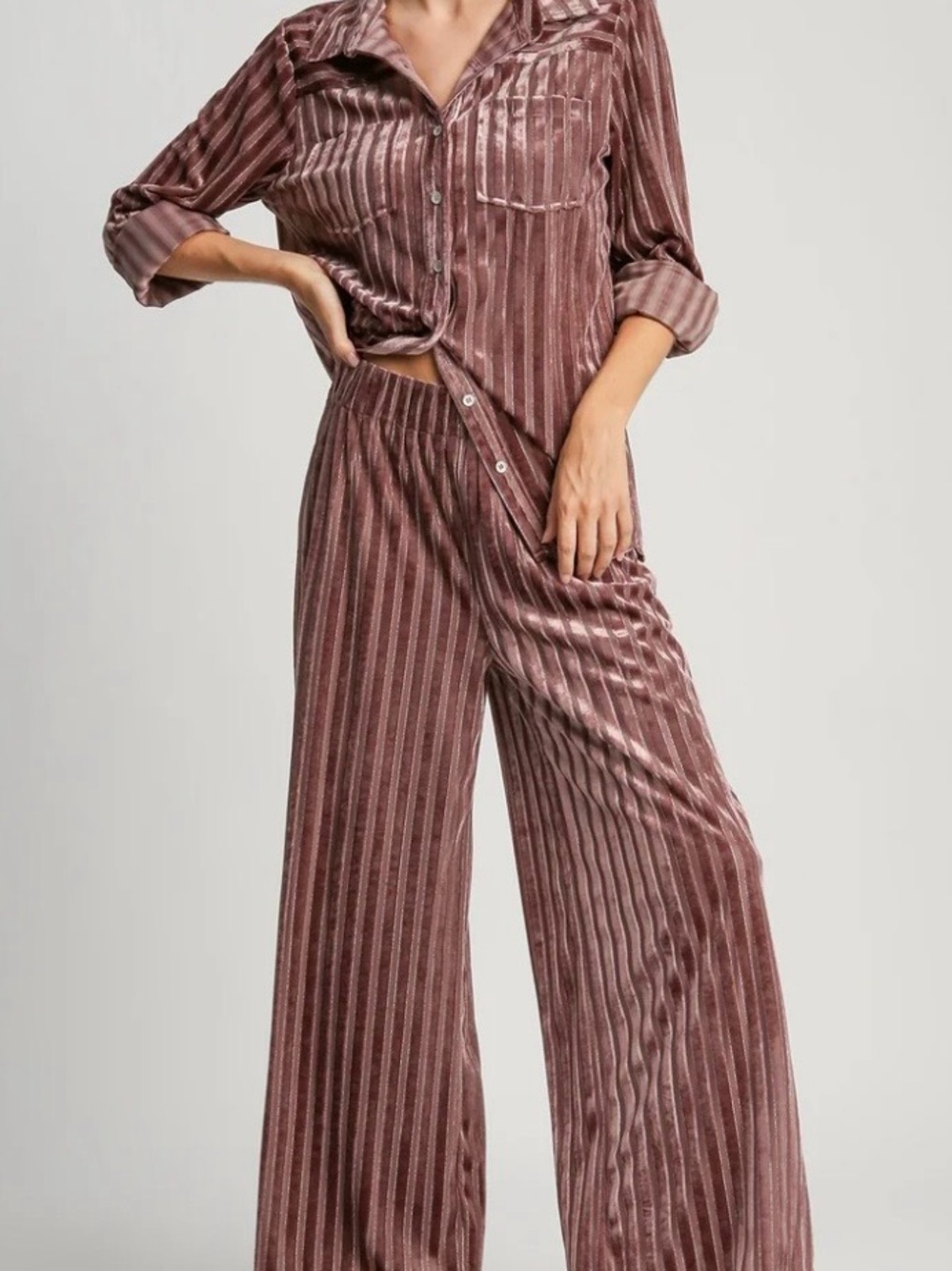 Umgee velvet Wide-Leg Lounge set Pants and shirt- Dusty Rose set
